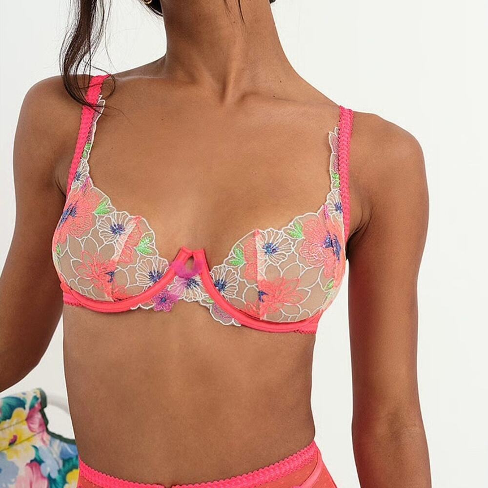 For Love & Lemons Shimmer Zinnia 38C Underwire Bra Neon Coral Pink NWT